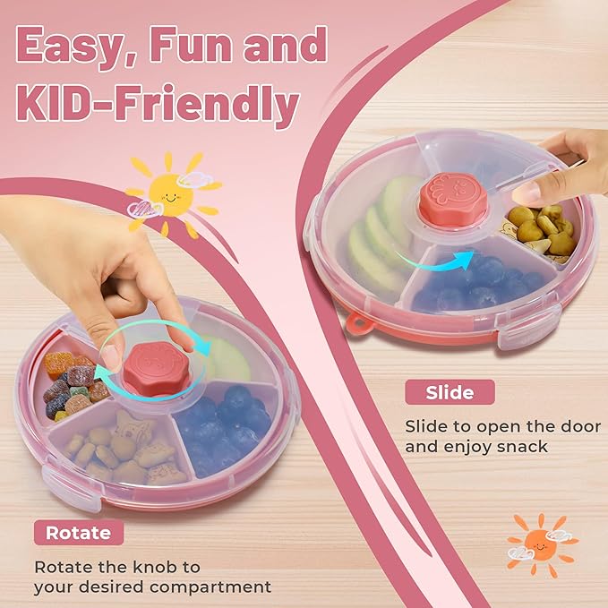 KingKam Kids Snack Spinner Containers, Reusable Toddler Spin Snack Container Box with 4 Compartments & Lid, Travel On-The-Go Snacking, BPA Free | Dishwasher Safe | Strap and Sticker (Pink)