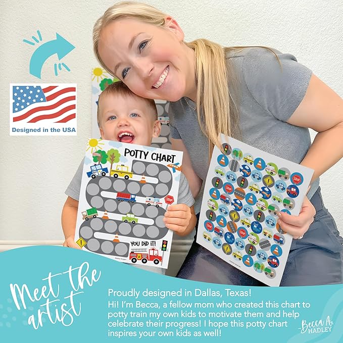 Hadley Designs Potty Training Chart for Toddlers Boys -10 Sticker Potty Chart for Toddlers Boys, 8.5x11" Potty Training Sticker Charts for Toilet Success, Cars Toddler Reward Chart for Kids