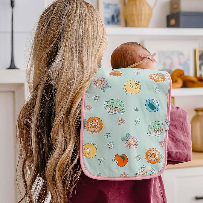 Baby Burp Cloths for Boys & Girls - Cotton Burp Cloths Baby Girl & Boy, 3 Pack Soft Spit Up Rags, Extra Absorbent Layers for Newborn, Infant Towels, 21x10 in - Sesame Street Retro Floral Set