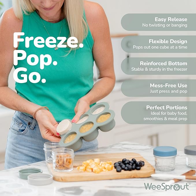WeeSprout Silicone Baby Food Freezer Tray with Clip-on Lid - Perfect Storage Container for Homemade Baby Food, Vegetable & Fruit Purees, and Breast Milk (Matte Green, Six 3 Ounce Sections)