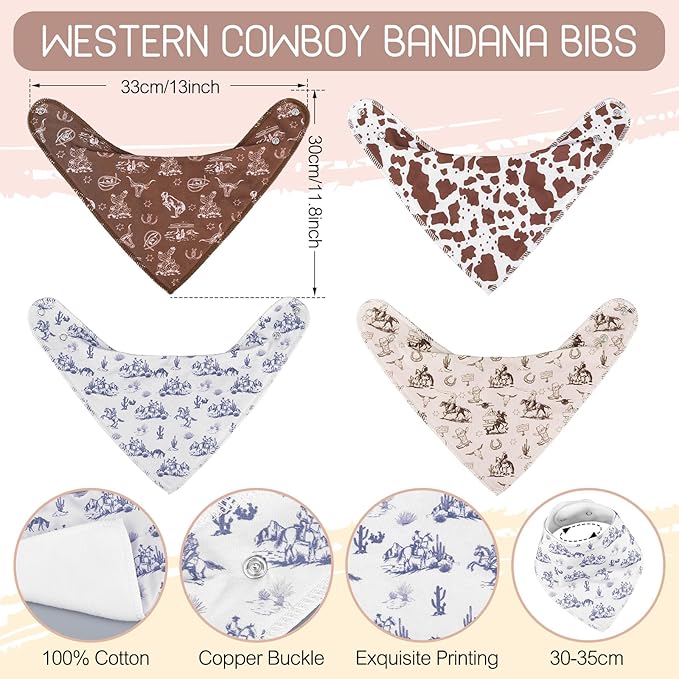 VitalCozy 4 Pcs Vintage Western Baby Bandana Bib Cotton Newborn Infant Feeding Drool Bib for Drooling and Teething Girl Boy