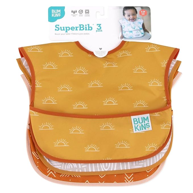 Bumkins Bibs for Girl or Boy, SuperBib Baby and Toddler for 6-24 Months, Essential Must Have for Eating, Feeding, Baby Led Weaning Supplies, Mess Saving Catch Food, Waterproof Fabric 3-pk Desert Boho