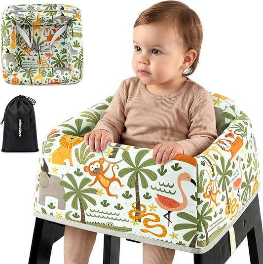 Mamatepe Baby High Chair Cover Restaurant with Strap Pads & 2-Point Harness - Machine Washable, Waterproof, Portable for Restaurant/Travel/Home - Fits Wooden High Chairs, Green Forest