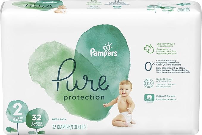 Diapers Size 2, 32 Count - Pampers Pure Protection Disposable Baby Diapers, Hypoallergenic and Unscented Protection, Mega Pack (Old Version)