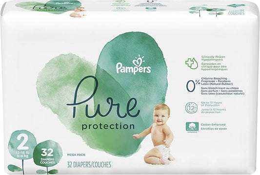 Diapers Size 2, 32 Count - Pampers Pure Protection Disposable Baby Diapers, Hypoallergenic and Unscented Protection, Mega Pack (Old Version)