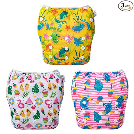 Babygoal Baby Girl Swim Diapers 3 Pack for 8M-3T Babies and Toddlers, Reusable Adjustable Washable for Swimming Lessons-Bird,Snake,Dinosaur