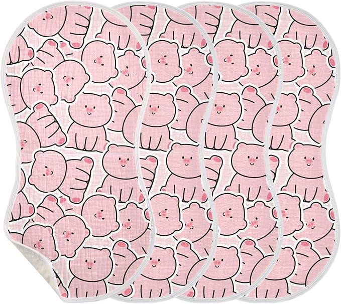 Muslin Burp Cloths for Baby Boys and Girls - 4-Pack Ultra Absorbent Cute Pig Muslin Washcloths, Newborn Towel, Milk Spit Up Rags, Burp Cloth Bib for Unisex, 22 x 11 Inch