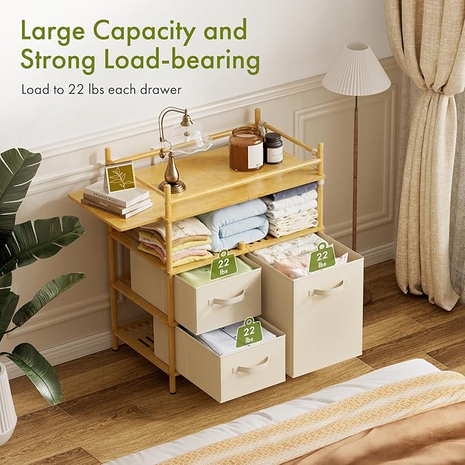 Amazer Baby Changing Table, Bamboo Baby Dresser Table with Flat Top, Diaper Changing Station with 3 Removable Storage Drawers, Large Storage Nursery Organizer Shelves with Pad, Mesh Pocket