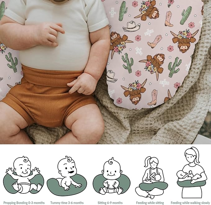 Highland Cows Cactus Baby Nursing Pillow Covers for Boy Girl Pink Western Cowgirl Boots Hats Yak Floral Nursery Pillowcase for Breastfeeding Pillows Wild West Soft Stretchy Slipcovers for Newborn