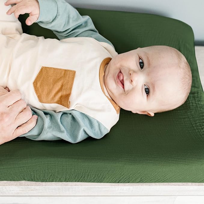 Konssy 2 Pack Muslin Changing Pad Covers for Boys, Ultra Soft & Breathable Cotton Baby Diaper Changing Table Covers, Neutral Nursery Diaper Changing Pad Sheets (Sage Green,Leaf)
