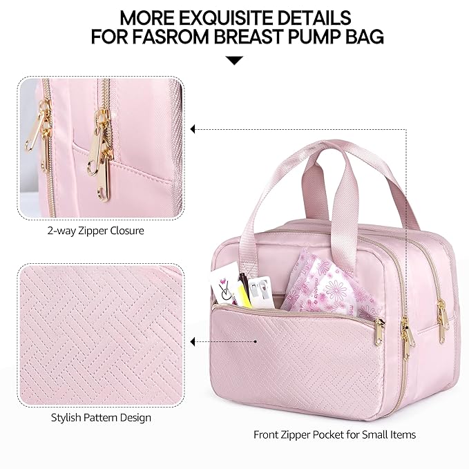 Fasrom Breast Pump Bag with Cooler, Portable Pump Carrying Case for Working Moms, Pink (Bag Only, Patent Design)