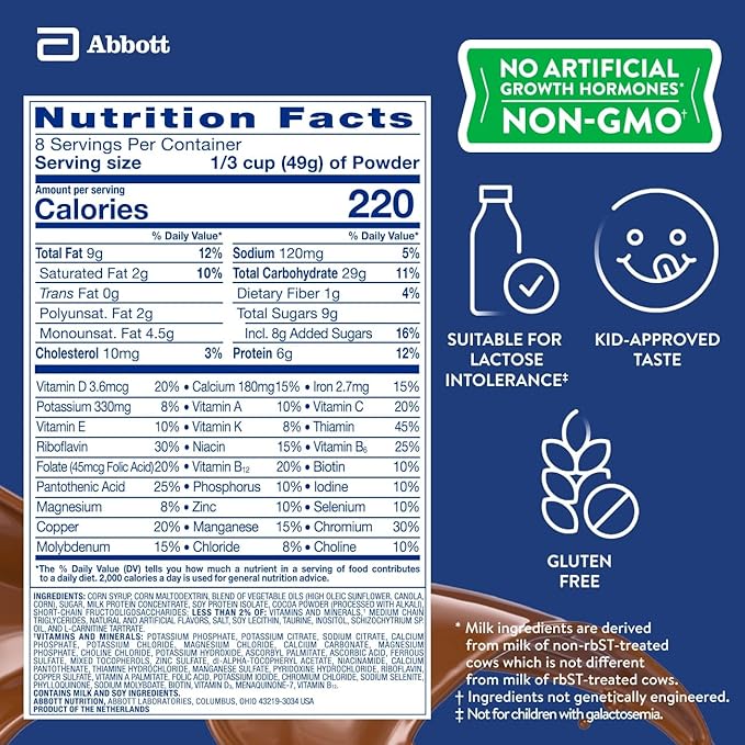 PediaSure Grow & Gain with Immune Support Shake Mix Powder, 23 Vitamins & Minerals, 6g Protein, Non-GMO, Gluten-Free, Chocolate, 14.1 oz Can, Pack of 3-24 servings