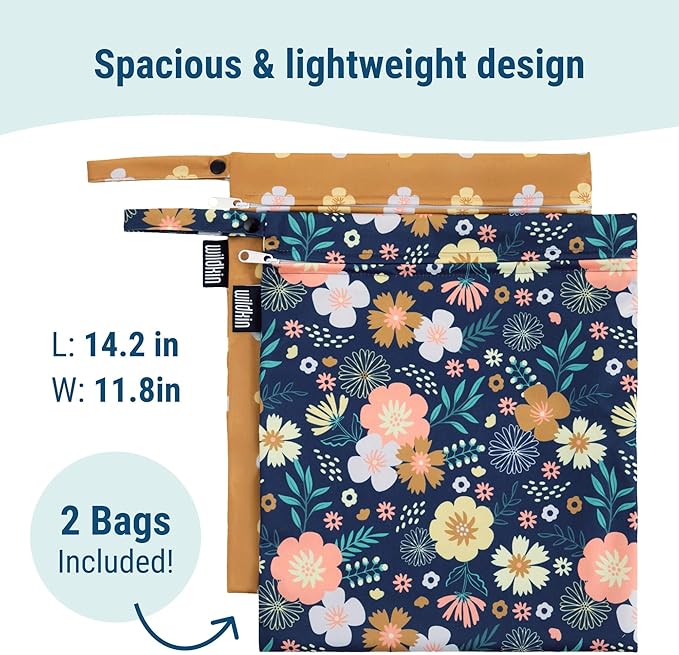 Wildkin Wet Bag Set for Boys, & Girls – Durable Zipper with Snap Loop Handle, Reusable Water-Resistant Bags for Beach, Pool, Travel & Gym - Wildflower Bloom