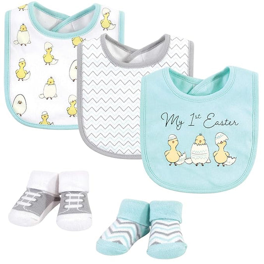 Hudson Baby Unisex Baby Cotton Bib and Sock Set, Easter Chicks, One Size