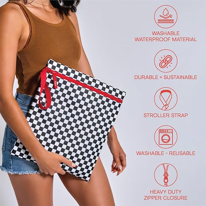 Bodysurf Waterproof Wet Bag for Swimsuit, Travel, Baby Essentials - Reusable Compact Organizer & Lightweight Storage for Dirty Laundry, Cloth Diapers, Gym, Yoga, Beach, Pool - Black, Checkered