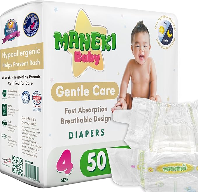 MANEKI Size 4 Diapers, Highly Absorbent & Breathable Baby Diapers, Size 4 (20–31 lbs), 50 Count, Hypoallergenic & Fragrance-Free, Day & Night Protection for Sensitive Skin, Packaging May Vary