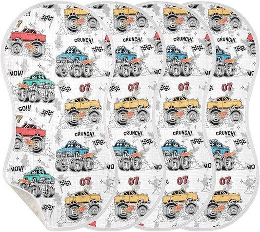Muslin Burp Cloths for Baby Boys and Girls - 4-Pack Ultra Absorbent Monster Trucks Muslin Washcloths, Newborn Towel, Milk Spit Up Rags, Burp Cloth Bib for Unisex, 22 x 11 Inch