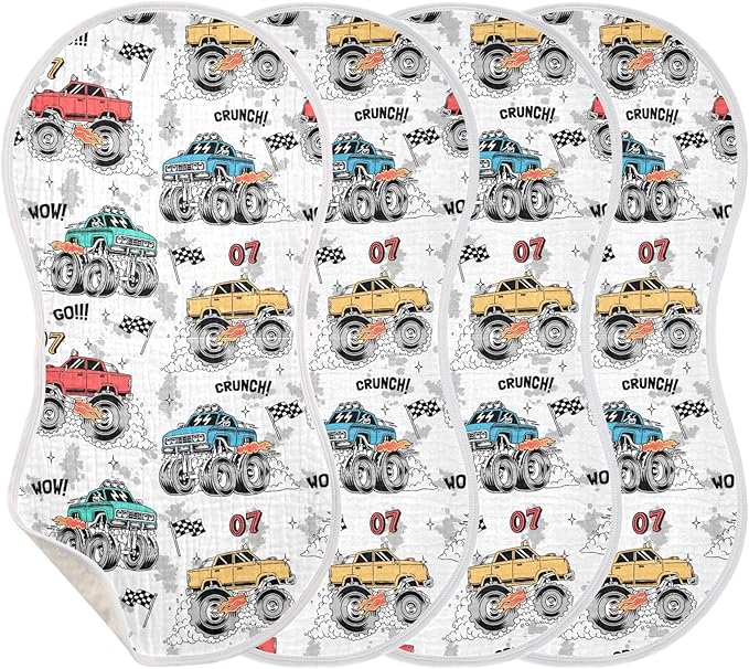 Muslin Burp Cloths for Baby Boys and Girls - 2-Pack Ultra Absorbent Monster Trucks Muslin Washcloths, Newborn Towel, Milk Spit Up Rags, Burp Cloth Bibs for Unisex, 22 x 11 Inch