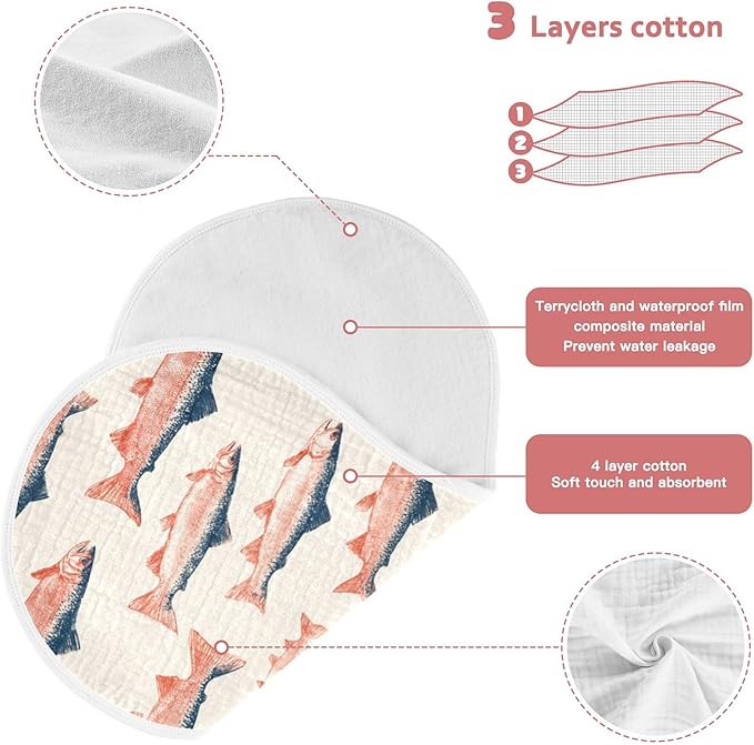 Sea Vintge Salmon Fish Burp Cloths Baby Boys Girls Absorbent Soft Cotton Burping Cloths Rags, 2 Pack