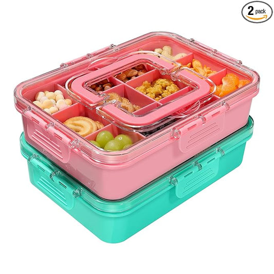 Xyptorix 2 Pcs Snack Box Container for Kids - Adjustable 12-Compartment Snack Containers, Reusable Bento Box, Dishwasher Safe, BPA-Free, Perfect for School, Travel, Camping & Picnic, Pink & Green