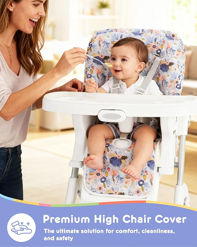 Baby High Chair Cover Replacement, Reversible & Waterproof High Chair Cushion Pad Home & Restaurant use, Includes 5-Point Harness Strap, Chair Not Included - Blue