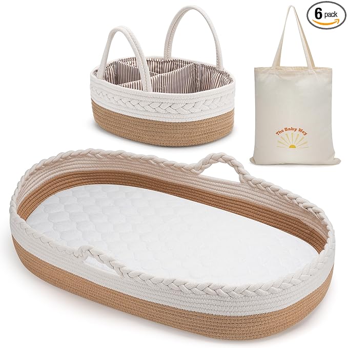 Moses Basket by The Baby Wey, Moses Baskets for Newborn, Baby Changing Basket, 2 Washable Waterproof Pad Covers, Diaper Caddy, Tote Bag, Portable Changing Pad
