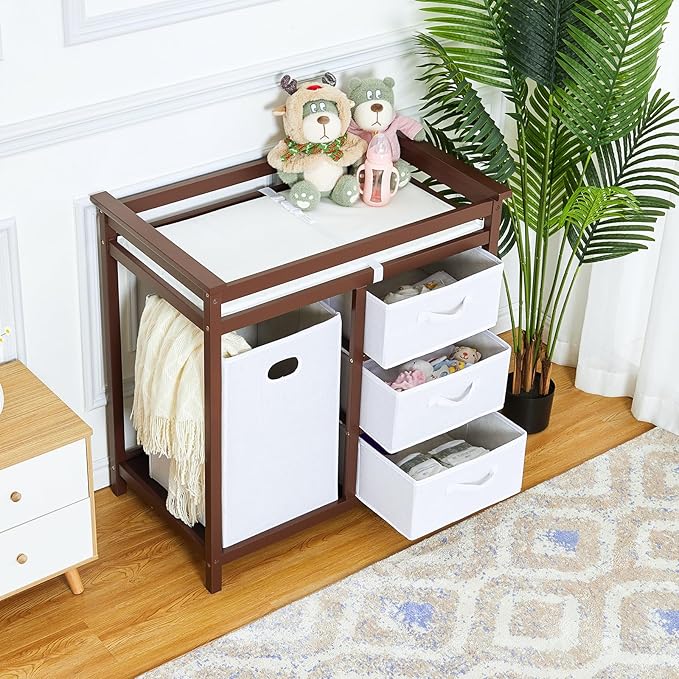 Garvee Wooden Baby Changing Table, Modern Diaper Changing Table, Infant Diaper Station Dresser with Laundry Hamper, 3 Drawer Basket- Storage Organizer for Baby Clothes, Diapers & Toys