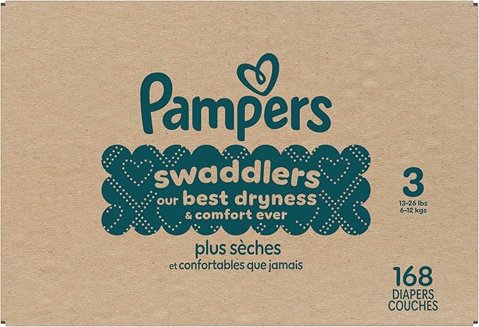 Pampers Swaddlers Diapers, Size 3 (13-26 lbs), 168 Count, Absorbent, Keeps Baby Dry and Comfortable, Skin Safe Disposable Baby Diaper