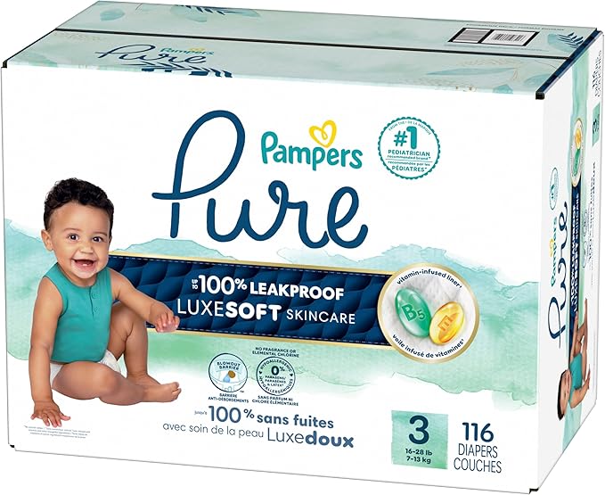Pampers Pure Baby Diapers, Size 3 (16-28 lbs), 116, Up to 100% Leakproof, Premium Hypoallergenic Soft Diapers