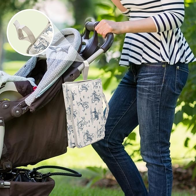 Cowboys Horse Western Portable Diaper Changing Pad with Wipes Holder, West Desert Foldable Baby Diaper Changer Travel Bag American Wild Baby Changing Mat with Built-in Pillow for Newborn