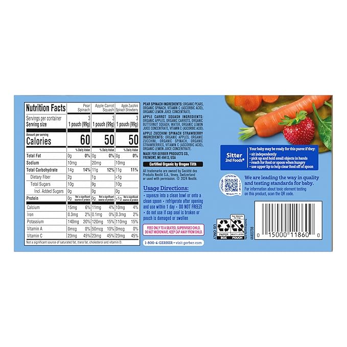 Gerber Stage 2 Baby Food, Organic Fruit and Veggie Favorites Puree Pouches Variety Pack, No Added Sweetener, Baby Food Pouches, 9-Pack