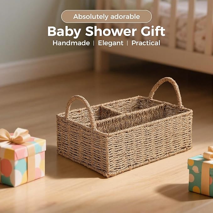 Diaper Caddy Organizer, Hand Rattan Nursery Baby Basket Changing Table Organizer for Baby Essentials, Baby Shower Gifts, Versatile Shelf Basket Bathroom/Kitchen Organizer (Natural, L)