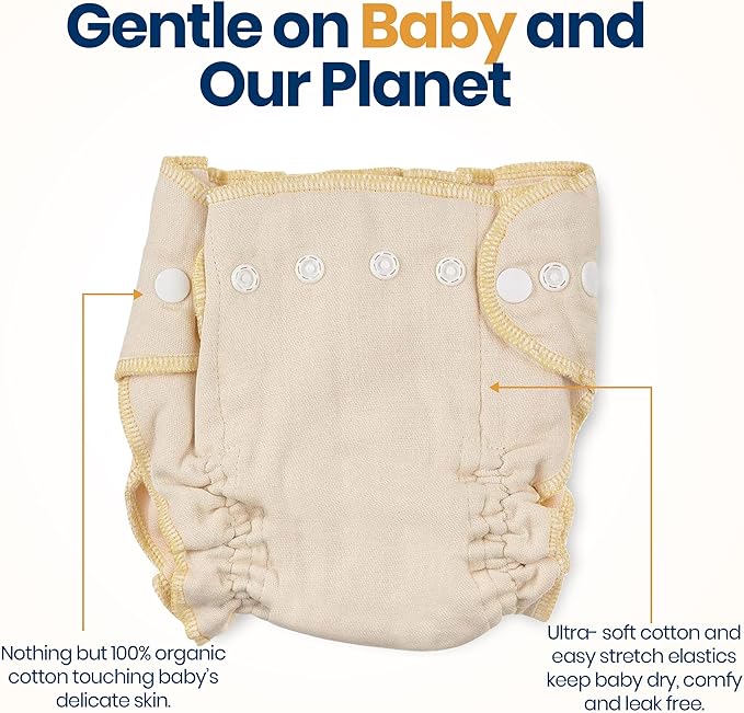 Linteum Textile Fitted Cloth Diapers with Snap Closures – 100% Cotton, Adjustable Snaps, Removable Inserts – Reusable & Washable Baby Diapers for Toddlers – Natural/Beige – 3 Pack (Small 9-15 lbs)