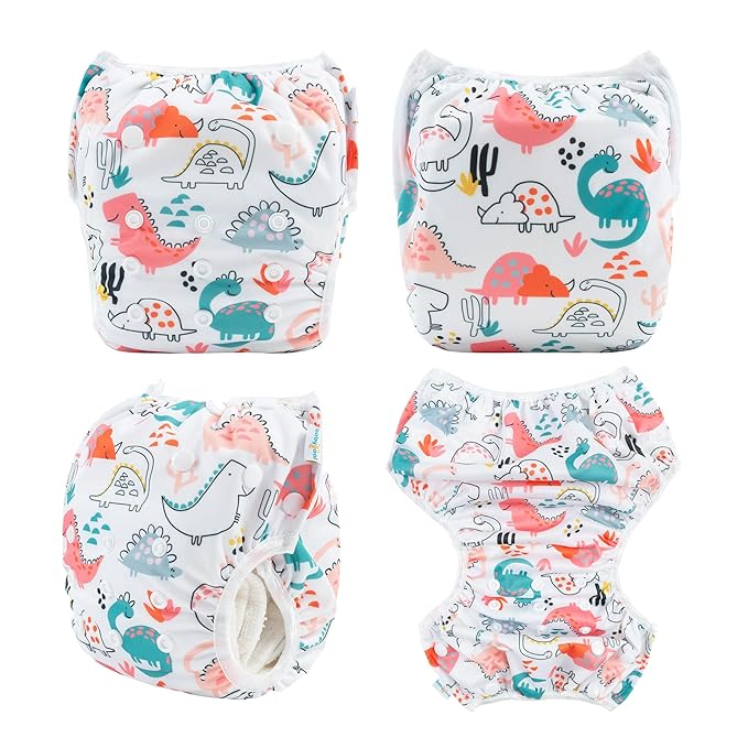 Babygoal Swim Diapers 3 Pack for 8M-3T Babies and Toddlers, Reusable Adjustable Washable for Baby Girl and Boy Swimming Lessons-Dinosaurs