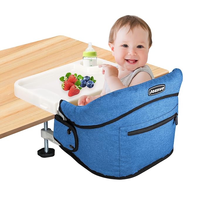 Hook On High Chair with Detachable Tray, Portable Foldable Clip On Baby Travel High Chair, Lightweight Feeding Seat with Storage Bag, BPA-Free Safety Harness for Home Restaurant (Bright Blue)