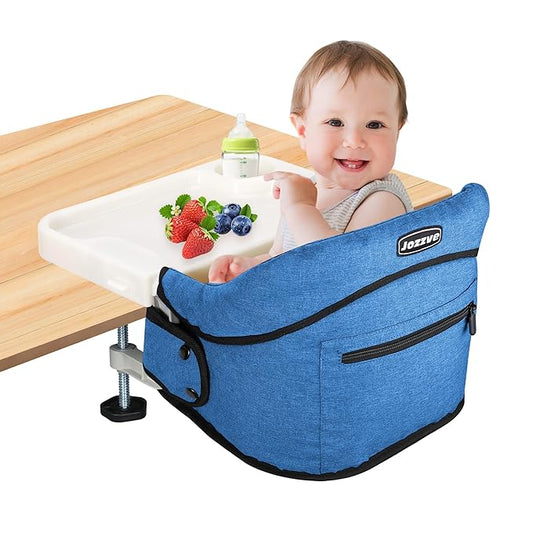 Hook On High Chair with Detachable Tray, Portable Foldable Clip On Baby Travel High Chair, Lightweight Feeding Seat with Storage Bag, BPA-Free Safety Harness for Home Restaurant (Bright Blue)