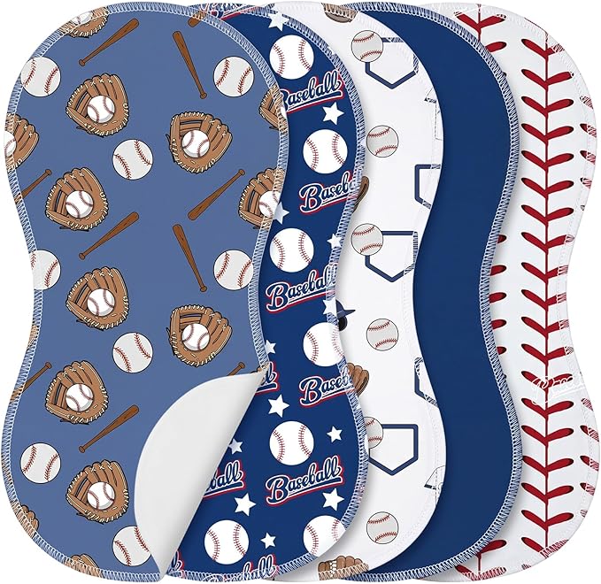 SmoothNovelty 5 Pack Baseball Baby Burp Cloths Soft Absorbent Burping Rags for Newborns 19"x9" Spit up Cloths for Boy Girl Newborn Baby Shower Registry Gifts Set Nursery Decor