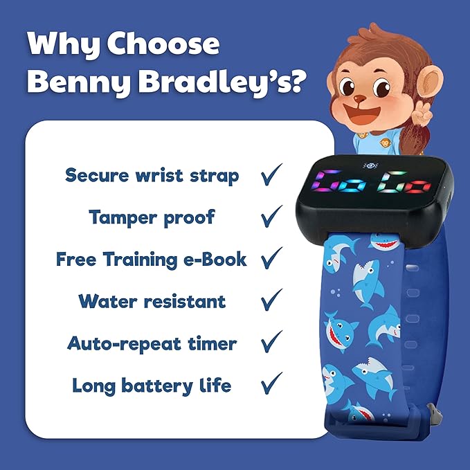 Potty Training Watch for Kids V2 – A Water Resistant Toilet Reminder Device for Boys & Girls to Train Your Toddler with Fun/Musical & Vibration Interval Reminder with Potty Training eBook (Sharks)
