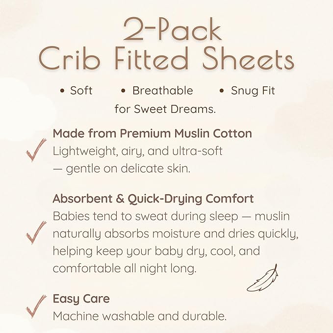 Muslin Cotton Crib Sheets for Boys and Girls, 2 Pack 52"x28" Fitted Baby Crib Sheet for Girl Boy, Soft Baby and Toddler Bed Sheets, Mattress Cover Muslin Cribs Sheet Set Nursery Gift Neutral Rainbow
