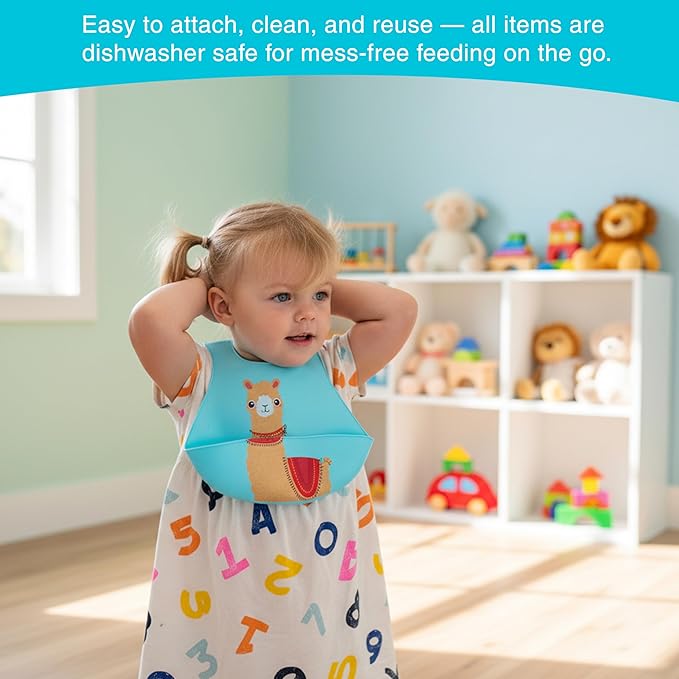 Refresh-A-Baby Feeding Essentials Kit for Feeding on the go, Feeding Travel Set with Universal Bottle Top Adaptor, Resealable Container, Silicone Bib, Clear Travel Bag & More (Llama Love)