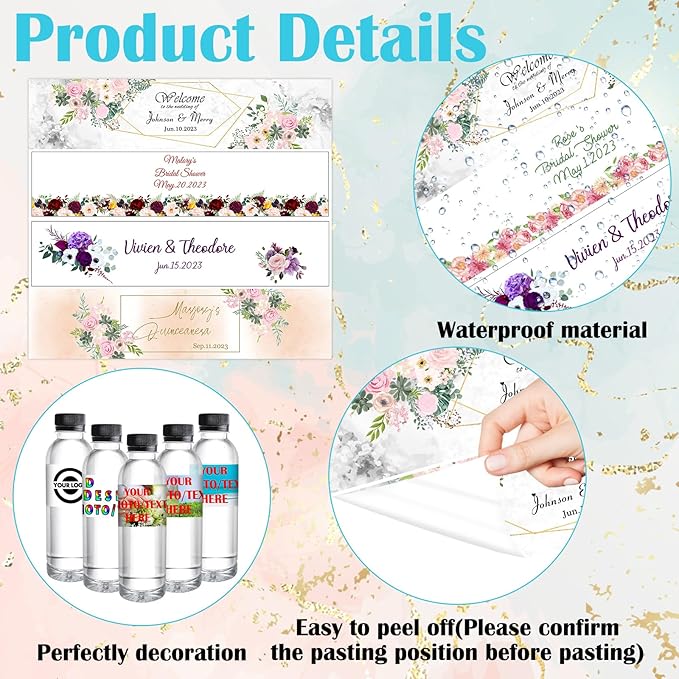 50 Pcs Personalized Water Bottle Labels With Business Logo - Custom Waterproof Printable Photo Wrappers Stickers for Tradeshow Giveaways