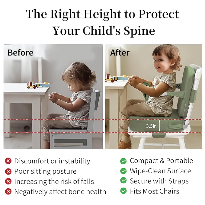 Eiury Toddler Booster Seat for Dining Table – Non-Slip PU Waterproof Cushion with Backrest & Adjustable Straps, Portable Baby Booster Seat (Green)