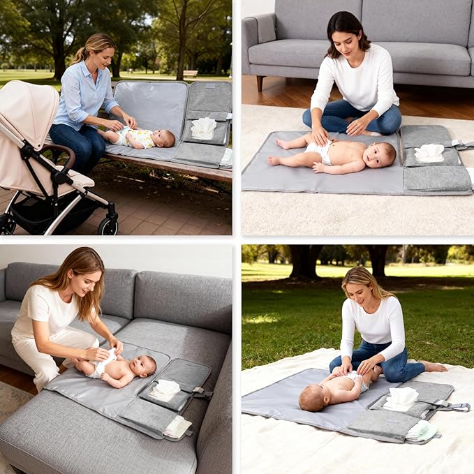 Portable Changing Pad for Travel, Waterproof & Wipe-Clean Changing Mat with Storage Pocket, for Diaper Bag,Grey
