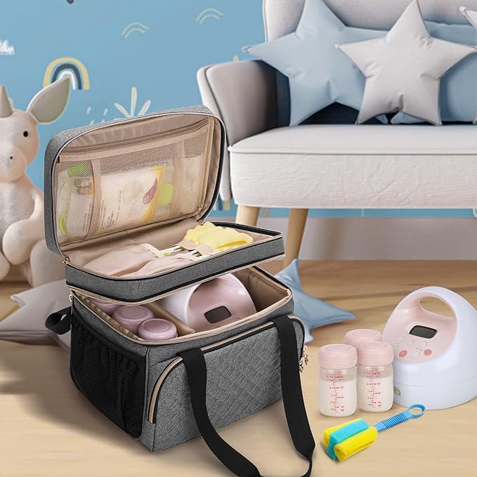 Luxja Double Layer Breast Pump Bag Compatible with Spectra S1 and S2, Pump Bag for Breast Pump and Extra Parts (Suitable for Home or Travel Use, Patent Design, Bag Only), Gray