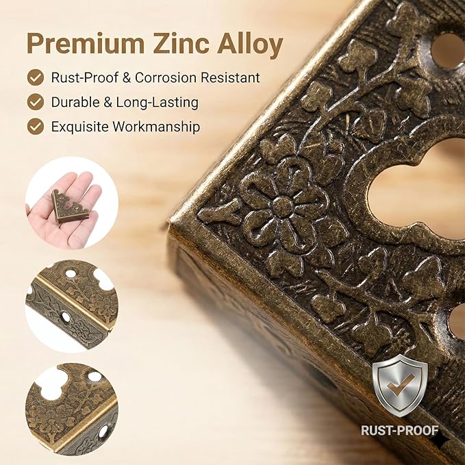 4 Pcs Decorative Corner Protectors 1.38" x 1.38" Retro Style Table Edge Guards Covers Vintage Furniture Corners with Mounting Screws Bronze Metal Bumpers for Picture Frame Jewelry Box Tables Cabinet