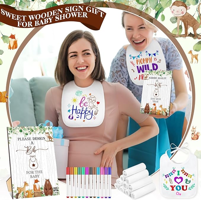 Panitay 100 Pcs DIY Baby Bibs Decorating Kit 50 White Bibs 25 Stencils 24 Markers 1 Baby Shower Game Sign
