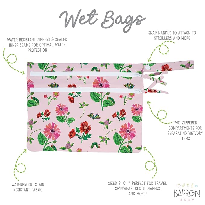 BapronBaby Eric Carle Pink Floral Caterpillar Wet Dry Bag - Waterproof Two Zipper Pockets - Reusable for Mealtime, Diapers, Stroller, Snacks, Swimsuits - Machine Washable - 11" x 9"