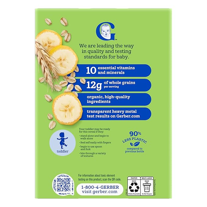 GERBER ORGANIC FOR BABY GRAIN AND GROW Toddler Oatmeal Banana Cereal 5x8oz