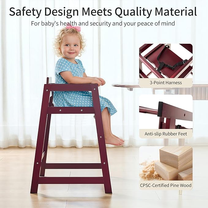 Wooden High Chairs for Babies and Toddlers, Restaurant-Style Stackable High Chair with Commercial Grade Solid Wood for Dining Table & Kitchen, Easy to Clean Baby Booster Seat - Burgundy