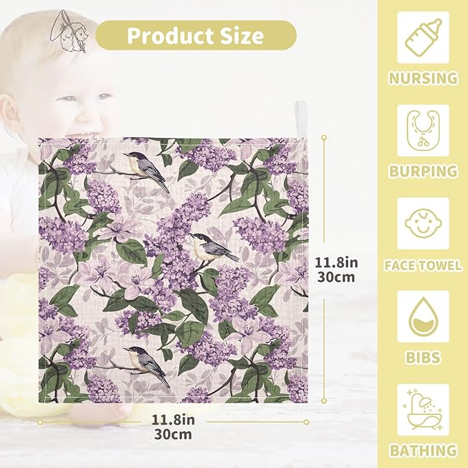 vvfelixl Baby Muslin Washcloths Bloom Lilac Magno Baby Burp Cloths Cotton Babys Face Towel for Newborn Infants Boys Girls Soft and Absorbent 11.8 X 11.8 in, 3 Pack